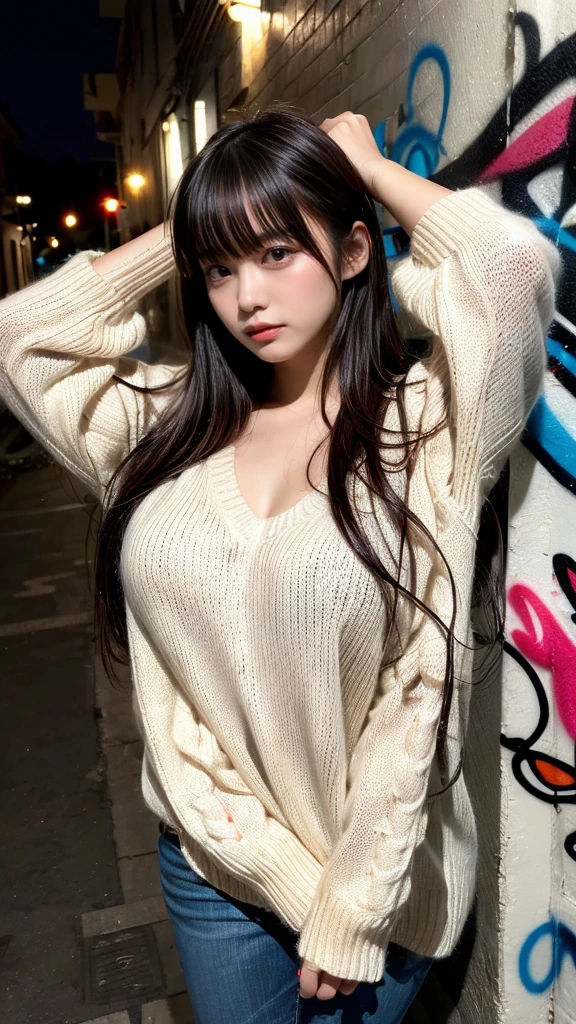 masterpiece, best quality, illustration, Super detailed, fine details, High resolution, 8K,wall paper, perfect dynamic composition,(Details High quality, realistic depiction of eyes:1.3),  (Japanese teenage girl standing in a dirty back alley at night, hands on head, graffitied wall:1.1), ((white hand-knitted long sweater, v-neck sweater, oversized clothes)), black hair color, Big Natural Color Lip,  seductive face, provocative look, crying a little、Harajuku style、(graffiti), night time, 20 year old girl、cute type、lolita, Gravure Idol, full body photo、focus on crotch, huge breasts, plump breasts