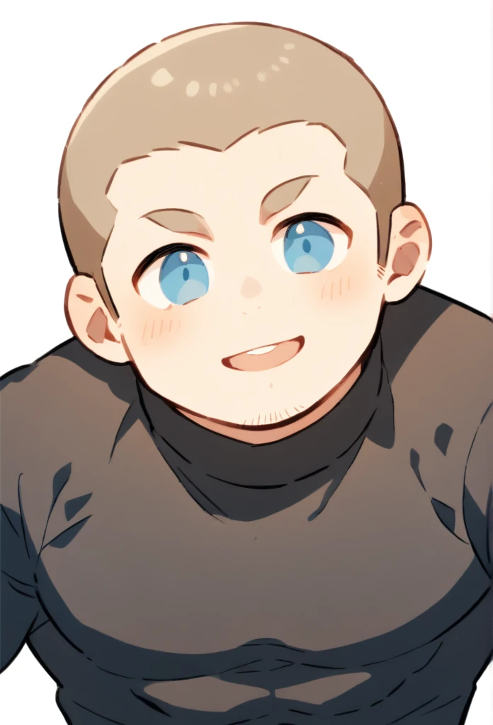 1boy, male focus, head against the wall, facing, head thrown back, muscular male, muscular, bara, defined abs, upper body, solo, huddled pose, smiling, rosy cheeks, very short hair, buzzcut, stubble, light brown hair, clear blue eyes, parted lips, black turtleneck outfit, black cargo pants, bottom-up view camera, white background, simple background, best quality, amazing quality, best aesthetic, absurdres, year 2023