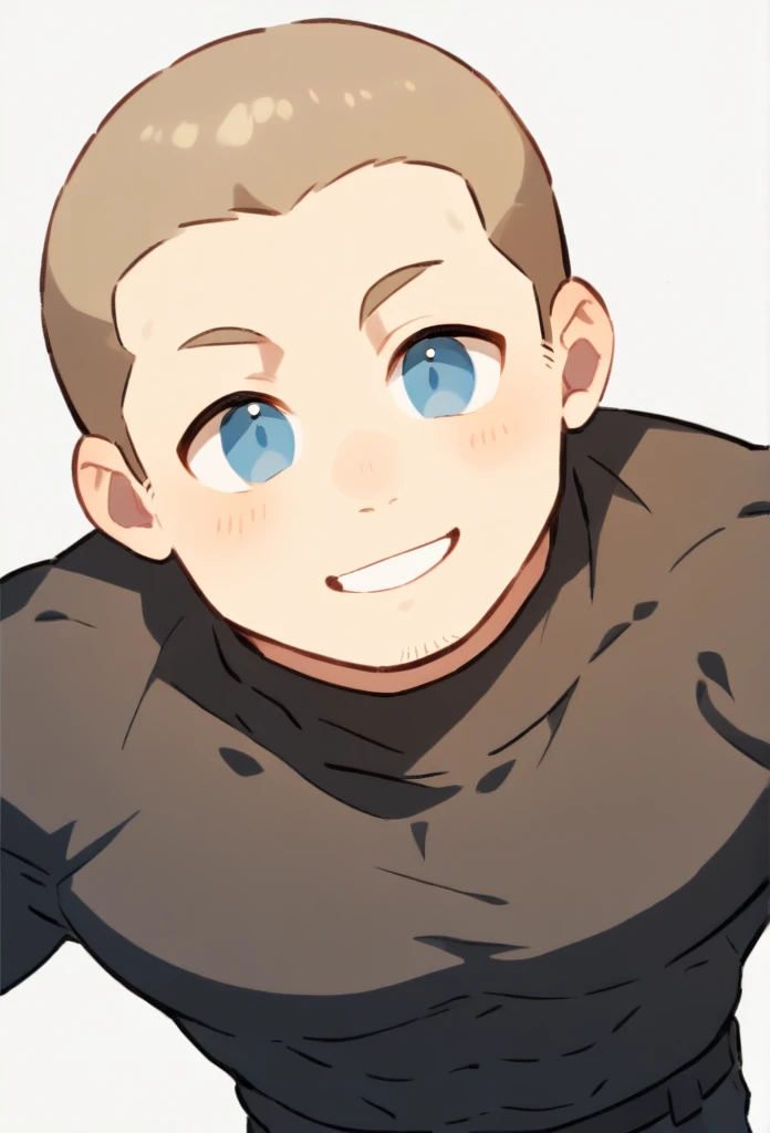 1boy, male focus, head against the wall, facing, head thrown back, muscular male, muscular, bara, defined abs, upper body, solo, huddled pose, smiling, rosy cheeks, very short hair, buzzcut, stubble, light brown hair, clear blue eyes, parted lips, black turtleneck outfit, black cargo pants, bottom-up view camera, white background, simple background, best quality, amazing quality, best aesthetic, absurdres, year 2023