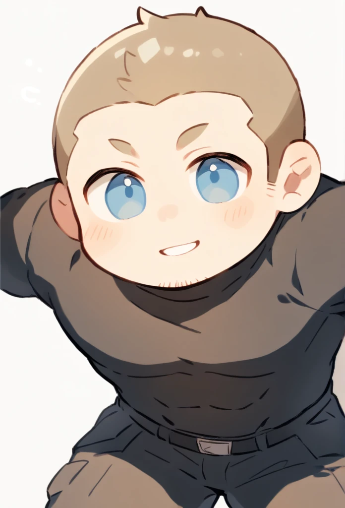 1boy, male focus, head against the wall, facing, head thrown back, muscular male, muscular, bara, defined abs, upper body, solo, huddled pose, smiling, rosy cheeks, very short hair, buzzcut, stubble, light brown hair, clear blue eyes, parted lips, black turtleneck outfit, black cargo pants, bottom-up view camera, white background, simple background, best quality, amazing quality, best aesthetic, absurdres, year 2023
