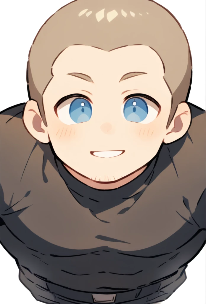1boy, male focus, head against the wall, facing, head thrown back, muscular male, muscular, bara, defined abs, upper body, solo, huddled pose, smiling, rosy cheeks, very short hair, buzzcut, stubble, light brown hair, clear blue eyes, parted lips, black turtleneck outfit, black cargo pants, bottom-up view camera, white background, simple background, best quality, amazing quality, best aesthetic, absurdres, year 2023