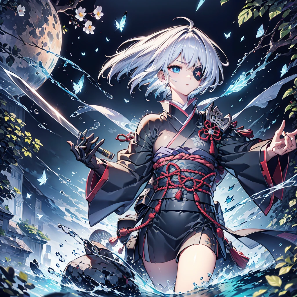 (((1 person Put on an eye patch Gray Hair Qinglong))) ((High resolution short hair Black kimono Shoulder Rin々Funny face knifeを胸の前で構える)) ((Black Band samurai Lonely despair blue目 Close-up)) ((blue蝶 night Japanese style old Shining Aura garden water surface Catch the wind blue)) (dance 日本knife knife Slashing) 月night moonlight star Draw your sword Shining Background Shining Edge