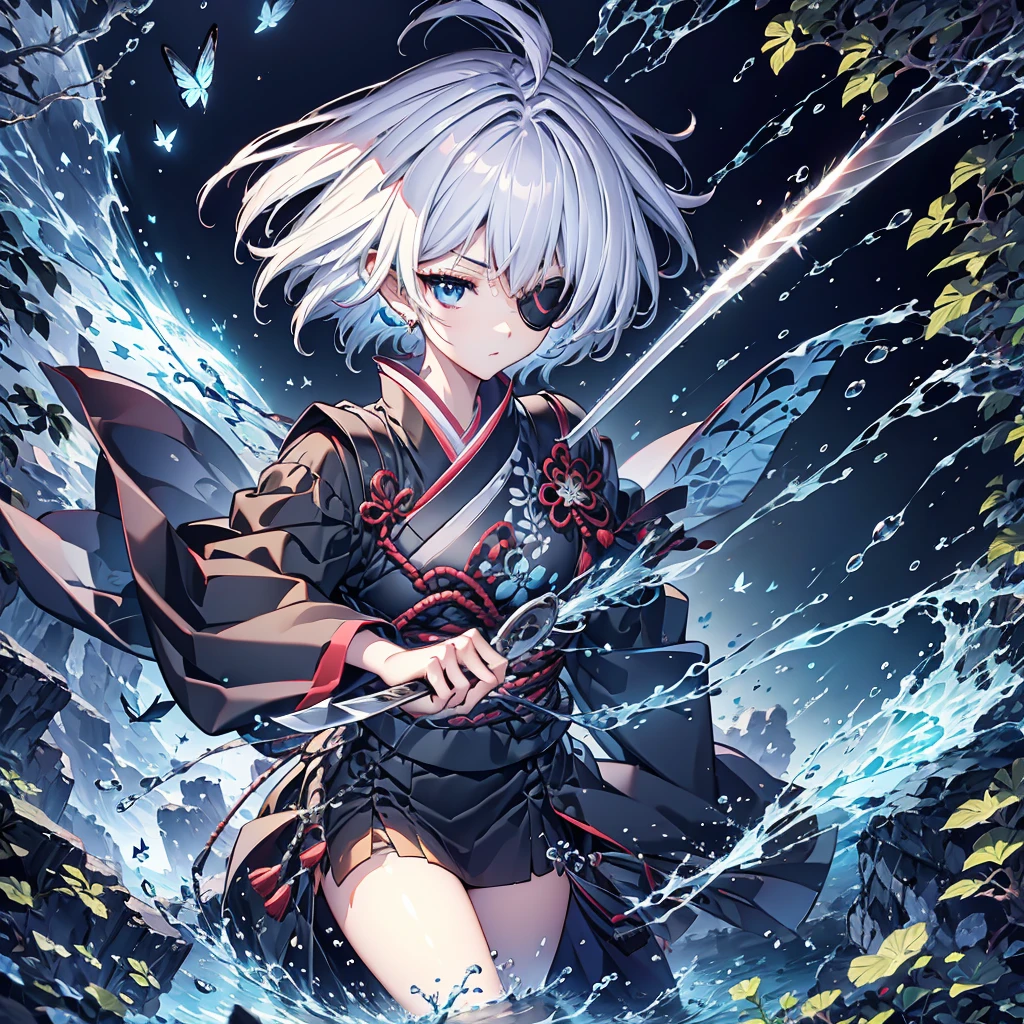 (((1 person Put on an eye patch Gray Hair Qinglong))) ((High resolution short hair Black kimono Shoulder Rin々Funny face knifeを胸の前で構える)) ((Black Band samurai Lonely despair blue目 Close-up)) ((blue蝶 night Japanese style old Shining Aura garden water surface Catch the wind blue)) (dance 日本knife knife Slashing) 月night moonlight star Draw your sword Shining Background Shining Edge