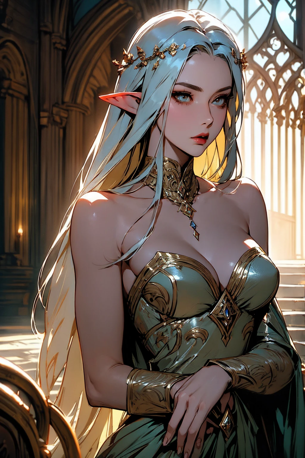 { - anatomy error}(Masterpiece - Ultra-detailed, very high resolution) Prepare to be enchanted by a true masterpiece that combines ultra-detailed art with high-resolution rendering. This work depicts a mesmerizing adult elf with long white hair (1.3) and captivating yellow eyes (1.2), emanating an aura of elegance and mystery in medieval settings. The intricate details and realistic textures invite you to explore every aspect of this enchanting composition. Woman wearing medieval elf costumes covering everything. Red lips. No cleavage. small breasts. NO CLEavage. Walking, writing, lying down, standing, on your back, dynamic poses. Get ready to dive into a world where beauty and craftsmanship merge perfectly