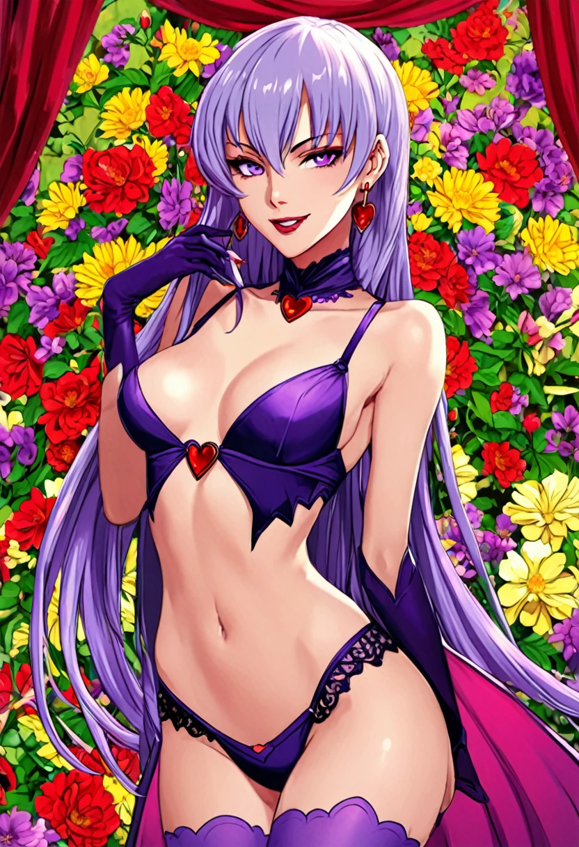(anime, masterpiece, intricate:1.1), summer aestetic background, comics_darkstalkers_morrigan_aensland, Slender hips, slim stomach, thin waist, posing, medium teardrop-shaped breasts, slim body, skimpy violet dress, violet garter stockings, lingerie, breasts decollete, exposed neck, heart shaped earrings, girly decorations, solo, flowers, modest smile, bright red lipstick, painted nails (red)