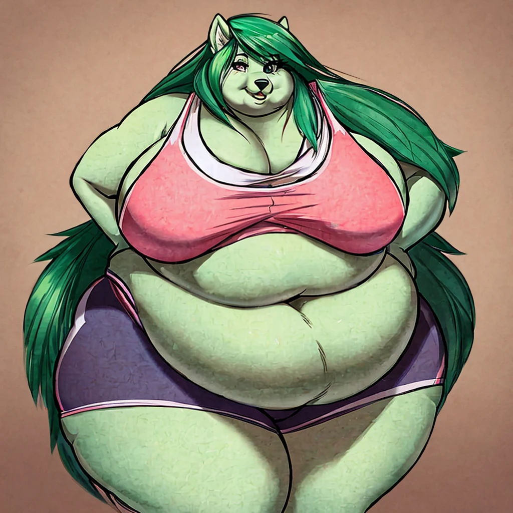 Malamute, female, long hair, gorgeous, beautiful, eyelashes, voluptuous, plump, belly rolls, fat arms, fat legs, ,tank top, shorts ,huge saggy breasts ,fringe on eye,heavy top, huge hips huge thighs heavy bottom ,sports bra,sports shorts, simple background , morbidly obese, belly rolls, fat rolls, belly rolls,belly overhang,rolled up tail, green body,green hair,big belly