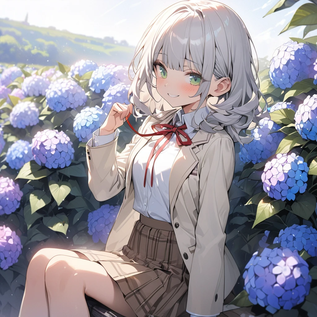 ((Masterpiece)), ((best quality)), (Anime:1.3), (super detail:1.2), (High Definition:1.3), (Professional Photography:1.3), (wide shot), (sharp focus), (perfect light), (()), (medium breast), (Healthy slim body), 8K, Textured skin, cinematic lighting, (1girl), short stature, ((cute teenage younrl)), (loose blunt bangs), slightly loose curls hair, (breasts length hair), pale silver hair, ((naughty smile)), (cute green eyes), drooping eyes, slender waist, ((pale Ivory blazer of school uniform)), (white blouse), put on red string ribbon, (brown skirt), BREAK, ((best quality)), (super detail:1.2), reaching hand, ((perfect hand)), (Relaxed sitting on the colorful Hydrangeas fields), colorful Hydrangeas, rainyday, Beautiful Horizon Background,