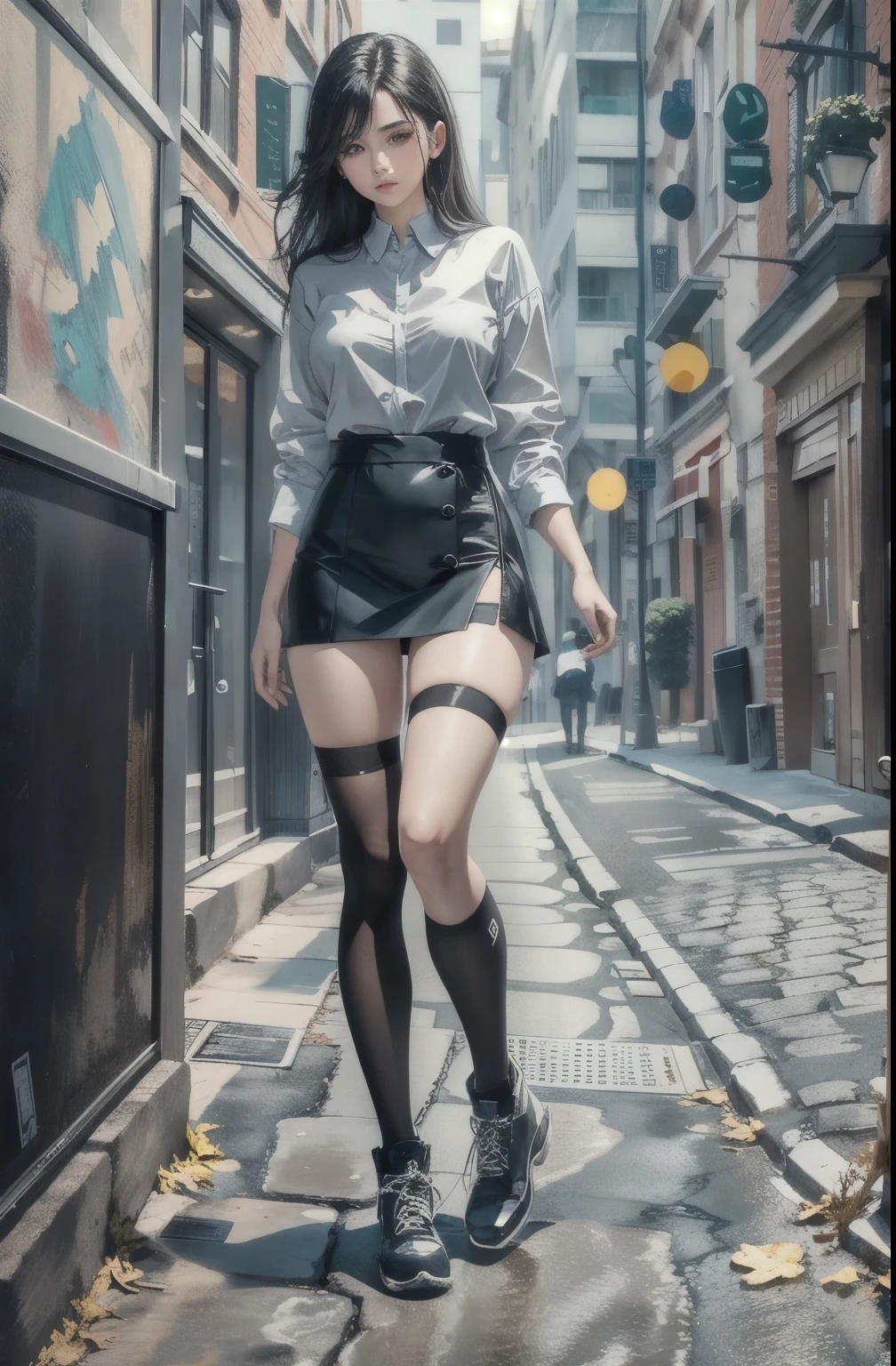 ((masterpiece, best_quality)), 1girl, (photorealistic:1.4),  solo, white_background, black_hair, long_hair,   zettai_ryouiki, oversized shirt, mini skirt, ((full_body)),