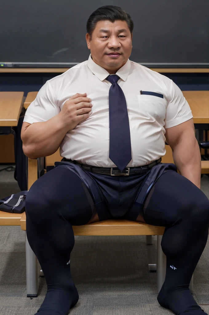 4k quality,(( Chinese middle-aged man)), China face, massive pec, strong muscles, big belly, black hair, math teacher, wearing white shirtshirt tucked into trousers, tie,belt, heat, sweat stains, sweat all over, shame, ((((black gloomtache))))), massive pec, blush, satisfied looking, sitting, holding a conference, class room, ((wearing navy black nylon sexy socks)),