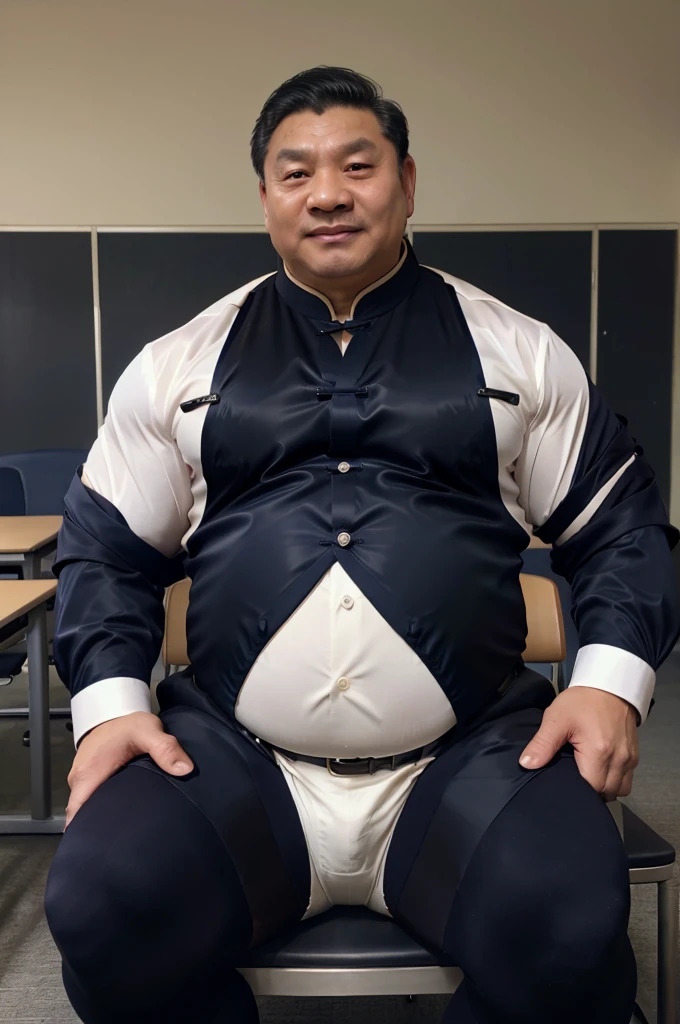 4k quality,(( Chinese middle-aged man)), China face, massive pec, strong muscles, big belly, black hair, math teacher, wearing white shirtshirt tucked into trousers, tie,belt, heat, sweat stains, sweat all over, shame, ((((black gloomtache))))), massive pec, blush, satisfied looking, sitting, holding a conference, class room, ((wearing navy black nylon sexy socks)),