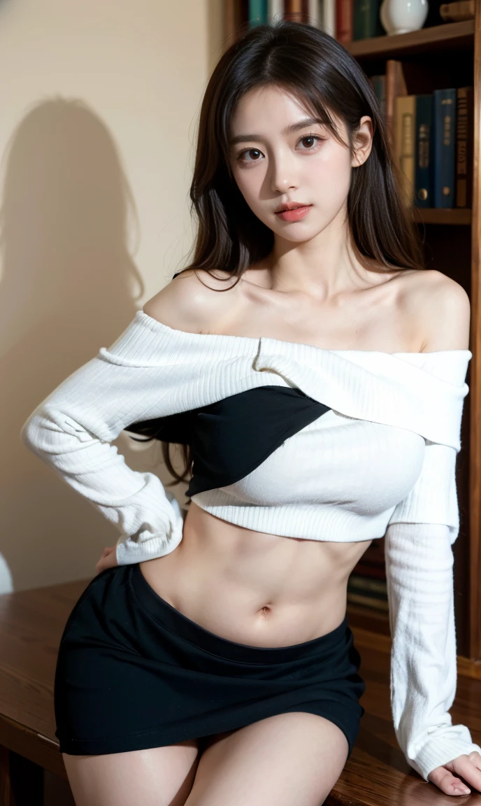 Ulzzang-6500-v1.1, (RAW Photos:1.2), (Realistic:1.4), 美しい詳細な女性 Very detailed eyes and face, Beautiful and detailed, Ridiculous, 信じられないほどRidiculous, Huge file sizes, Very detailed, High resolution, Very detailed, Highest quality, Tabletop, ((off-the-shoulder white shirt)), shape, Very detailed, Hmph, Unified, 8k wallpaper, wonderful, Finer details, Tabletop, Highest quality, Highly detailed Hmph unity 8k wallpaper, Face Light, Cinema Lighting, One Girl, 16 years old, ((Very detailed)), ((Dynamic pose))), (Camel Toe), (half),((Troubled face)),Black mini skirt,((Droopy eyes)),Leaning forward、Please place your hand on your chest、belly button、