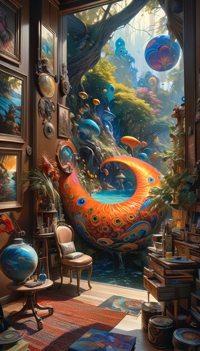 a highly detailed and intricate oil painting depicting an imaginative and surreal interpretation of the world, inspired by the distinctive artistic style of Bill Sienkiewicz, with vivid and striking colors, masterfully rendered textures and patterns, a sense of depth and dreamlike atmosphere, (best quality,4k,8k,highres,masterpiece:1.2),ultra-detailed,(realistic,photorealistic,photo-realistic:1.37),vibrant colors,dramatic lighting,surreal,psychedelic,abstract,organic shapes,complex compositions,chiaroscuro,Bill Sienkiewicz,oil painting
