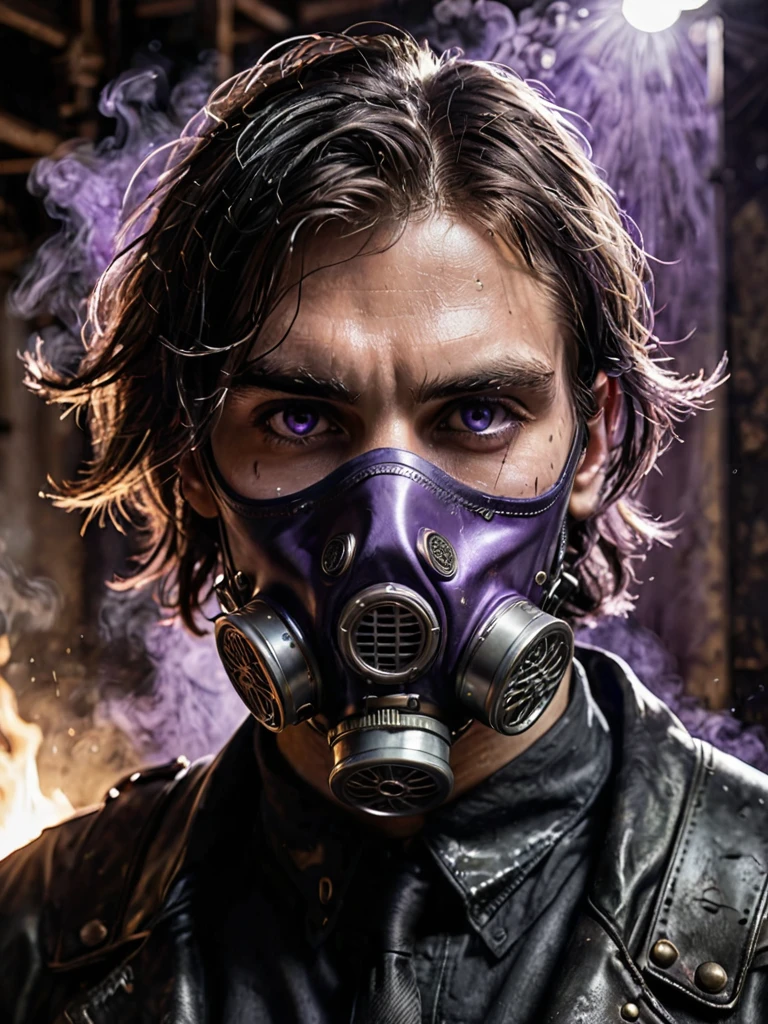 A high-resolution portrait of a man wearing a black leather gas mask, showcasing intricate details. The gas mask has a matte finish with visible stitching and metal rivets, giving it a rugged and worn appearance. His shoulder-length hair is damp, with individual strands sticking to his skin and glistening slightly in the light. His eyes are (glowing dark purple:1.8), the irises radiating an eerie luminescence that contrasts sharply with the darkness around him. The skin visible around his eyes is pale, adding to the contrast and drawing more focus to his glowing eyes.
The background is a dimly lit, industrial setting with hints of metallic surfaces and shadows, creating a foreboding atmosphere. The lighting is low and directional, casting subtle highlights on the gas mask and his damp hair, while leaving parts of his face in shadow, enhancing the dramatic effect. There is a faint mist or smoke in the air, adding depth and texture to the scene. The overall ambiance is one of mystery and intensity, with a slightly dystopian feel.