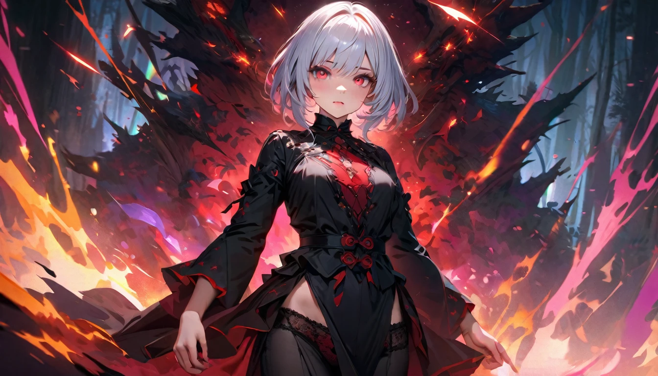 (1 Dевушка,magic circle,portrait,on the knees,, Beautiful Japanese anime style.,чрезвычайно Dетализированные глаза и лицо,sharp students,realistic student,in forests、Dлинные золотые волосы,ears of эльф,black lace panties,стройные беDра, varies multi etc. D.. --v 6 --s 1000 --c 20 --q 20 --хаос 100,(loose hair),(Dинамичная поза),(sharp focus),(bright colors),(Magic effects),(heroic),(epics),(emotional),(breathtaking),(main part:1.2) whole body.), (Anime Style), (Super Detailed), (brutal), (uhd, HDR), (8K), (High Resolution: 1.2), (Complex and Beautiful: 1.2), (Dramatic Lighting: 1.2) , (staring at the viewer), lora:add_detail:1, female necromancer, flowing white hair, detailed red eyes, skelet, Tomohiko Ito style