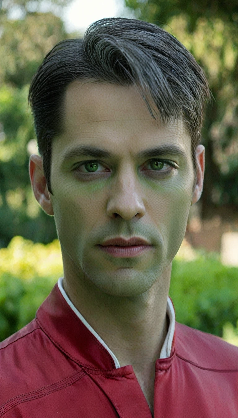 A 40-year-old man, (((wearing a red blouse with a white print collar and button))), (((((alien green skin))))), (((full dark sclera eyes))), thin chin, (((gray hair))) with a high quiff and back with gel and short sides, thin nose, garden in the background