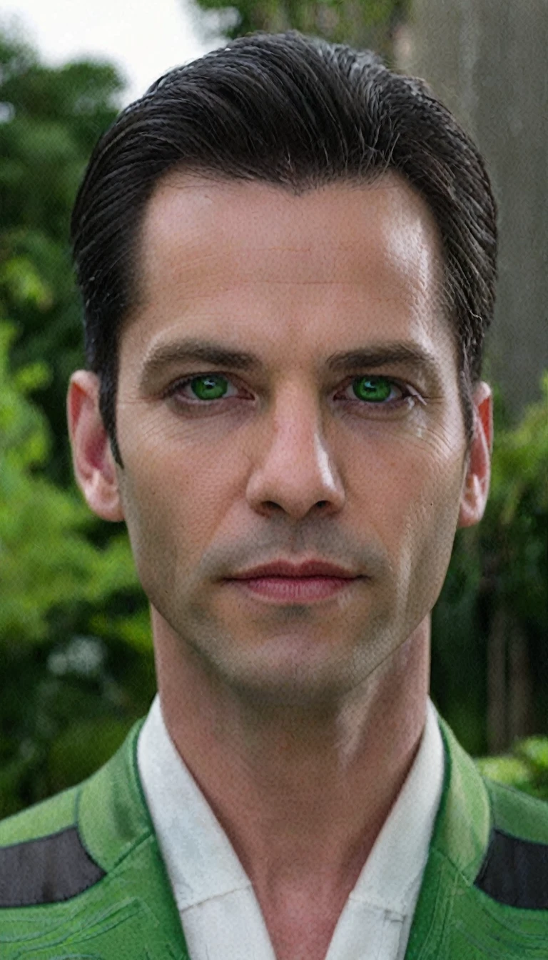 A 40-year-old man, (((wearing a red blouse with a white print collar and button))), (((((alien green skin))))), (((full dark sclera eyes))), thin chin, (((gray hair))) with a high quiff and back with gel and short sides, thin nose, garden in the background