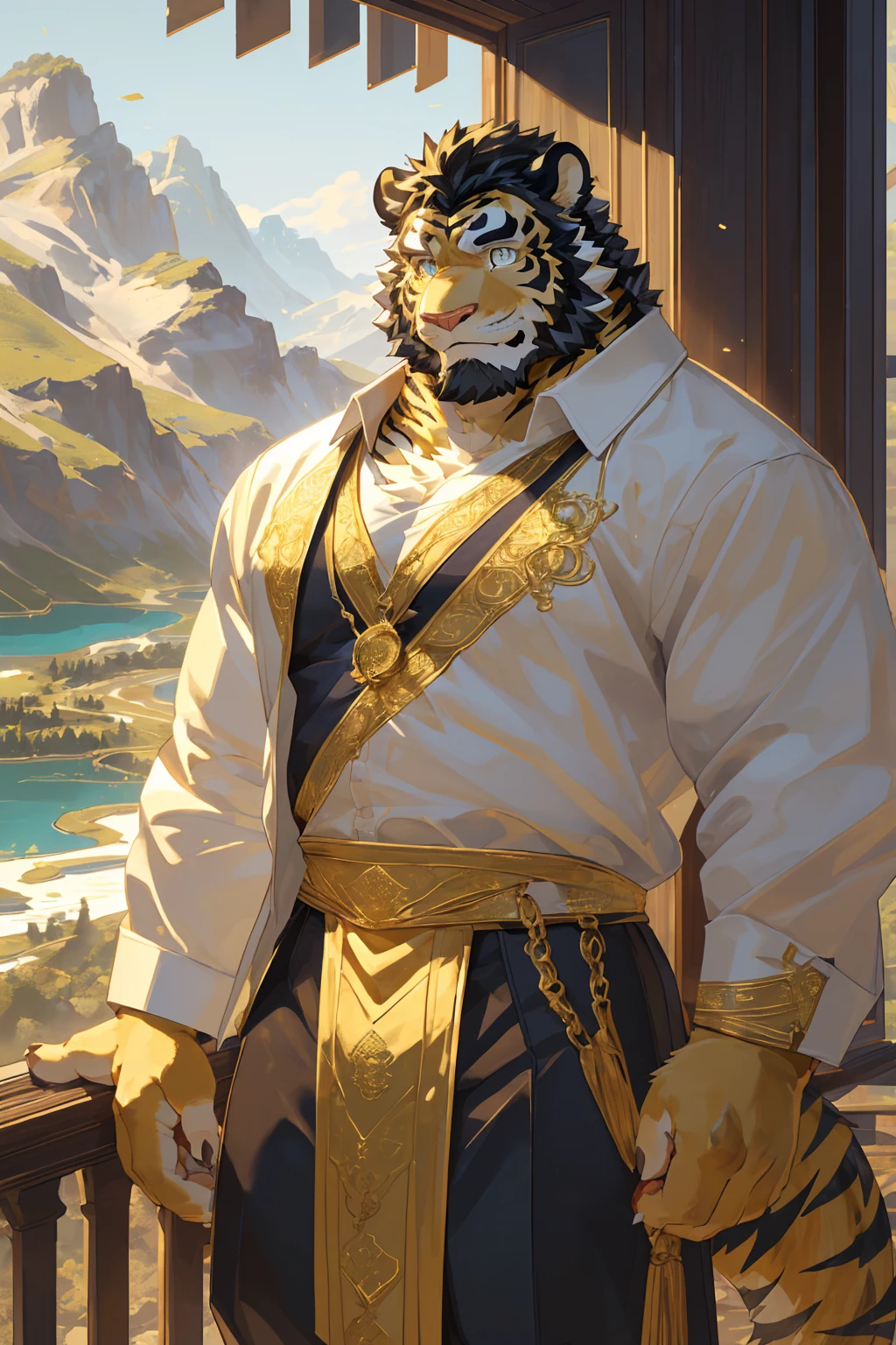 (Toned body),(White regular clothes:1.5),16k high quality detailed art,(White regular clothes:1),(Golden Tiger:1.1), (((White and golden fur:1.5))),(Duotone),(A pair of eyes of different colors, Blue and gold eyes:1.7),(Both eyes are the same size:1.4),(Muscular body:1.3),Handsome,(OK),(Perfect face),(Gold and white skin:1.3),(Full body description:1.3),Publaz, (Golden Tiger:1.1), (((Gold and white fur:1.3))),Handsome, (OK),Express,(Mountains, rivers and lakes background:1.3),(joy:1.3),(Golden Tiger tail),不同的Express,(A perfect masterpiece),(32k),(Abdominal muscles:1.3),(((middle aged:1.4))),(36 years old),(Gold Stripes),alone,(Black sideburns:1.2),(black beard:1.3),(Black Chin:1.3),(golden face pattern:1),(Very rich facial details:1.3),(Strong),(Mighty pose:1.3),Front view,(CG),(HD),(Black hair),Full body portrait,(Detailed background:1.3)