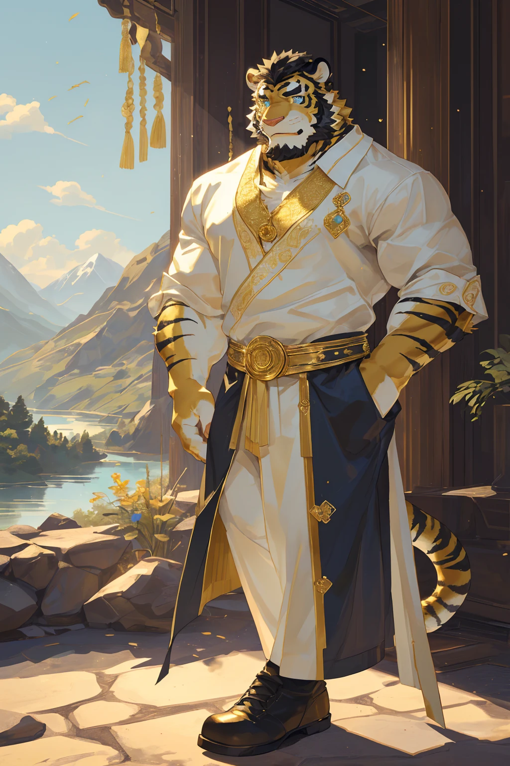(Toned body),(White regular clothes:1.5),16k high quality detailed art,(White regular clothes:1),(Golden Tiger:1.1), (((White and golden fur:1.5))),(Duotone),(A pair of eyes of different colors, Blue and gold eyes:1.7),(Both eyes are the same size:1.4),(Muscular body:1.3),Handsome,(OK),(Perfect face),(Gold and white skin:1.3),(Full body description:1.3),Publaz, (Golden Tiger:1.1), (((Gold and white fur:1.3))),Handsome, (OK),Express,(Mountains, rivers and lakes background:1.3),(joy:1.3),(Golden Tiger tail),不同的Express,(A perfect masterpiece),(32k),(Abdominal muscles:1.3),(((middle aged:1.4))),(36 years old),(Gold Stripes),alone,(Black sideburns:1.2),(black beard:1.3),(Black Chin:1.3),(golden face pattern:1),(Very rich facial details:1.3),(Strong),(Mighty pose:1.3),Front view,(CG),(HD),(Black hair),Full body portrait,(Detailed background:1.3)