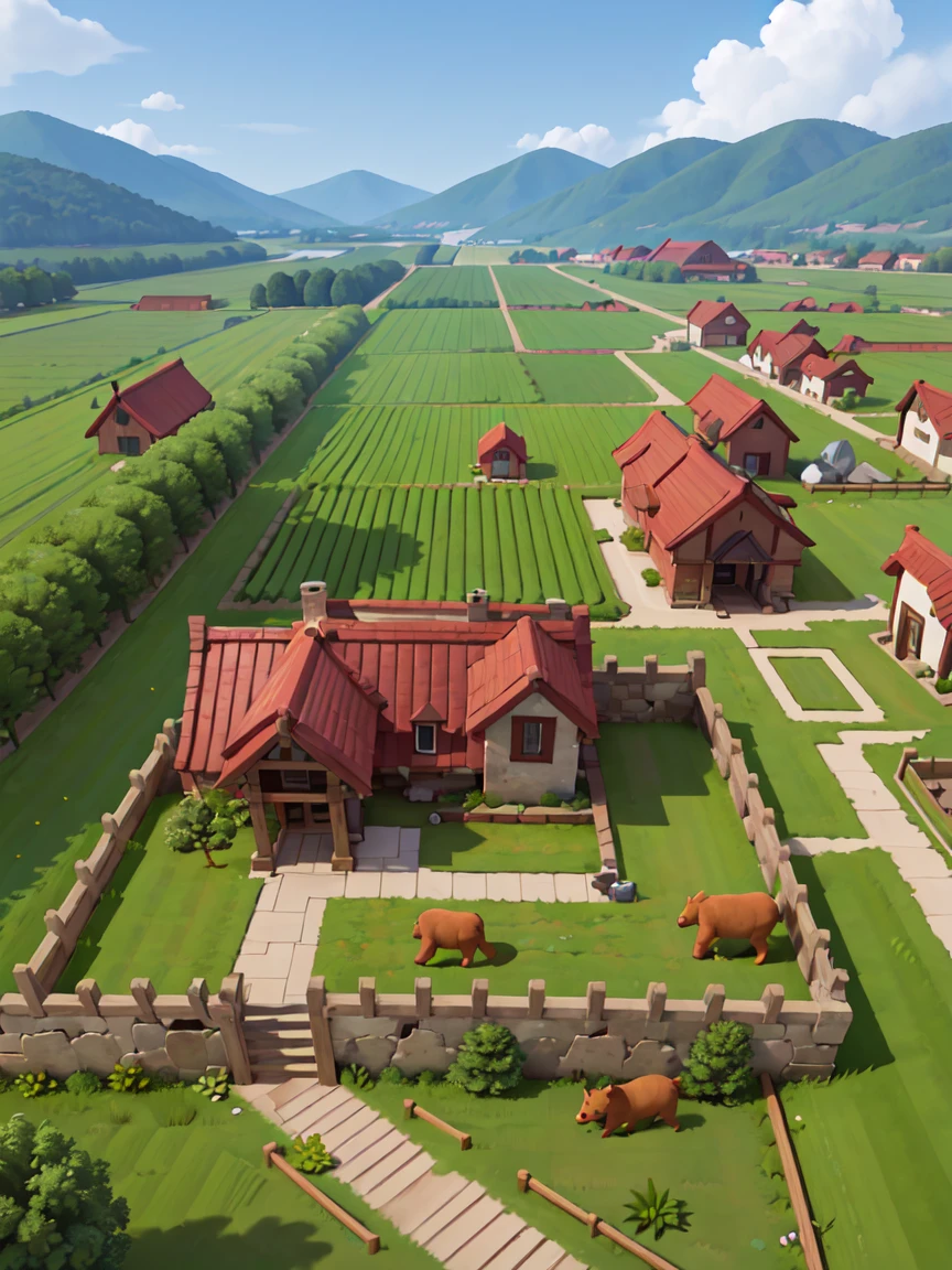 一栋被Trees和花园环绕的卡通风格房屋, Anime rural scenery,Game architecture design, Realistic proportions,Isometric,Chinese rural scenery,Sea of Flowers,sunny,farm,Colorful flower fields,Tools、scarecrow,Red roof,White Wall,Game architecture design, Partial realism, farm, Stone, brick, Trees, Casual game style, 2.5D, masterpiece, Super Detail, best quality,Overlooking