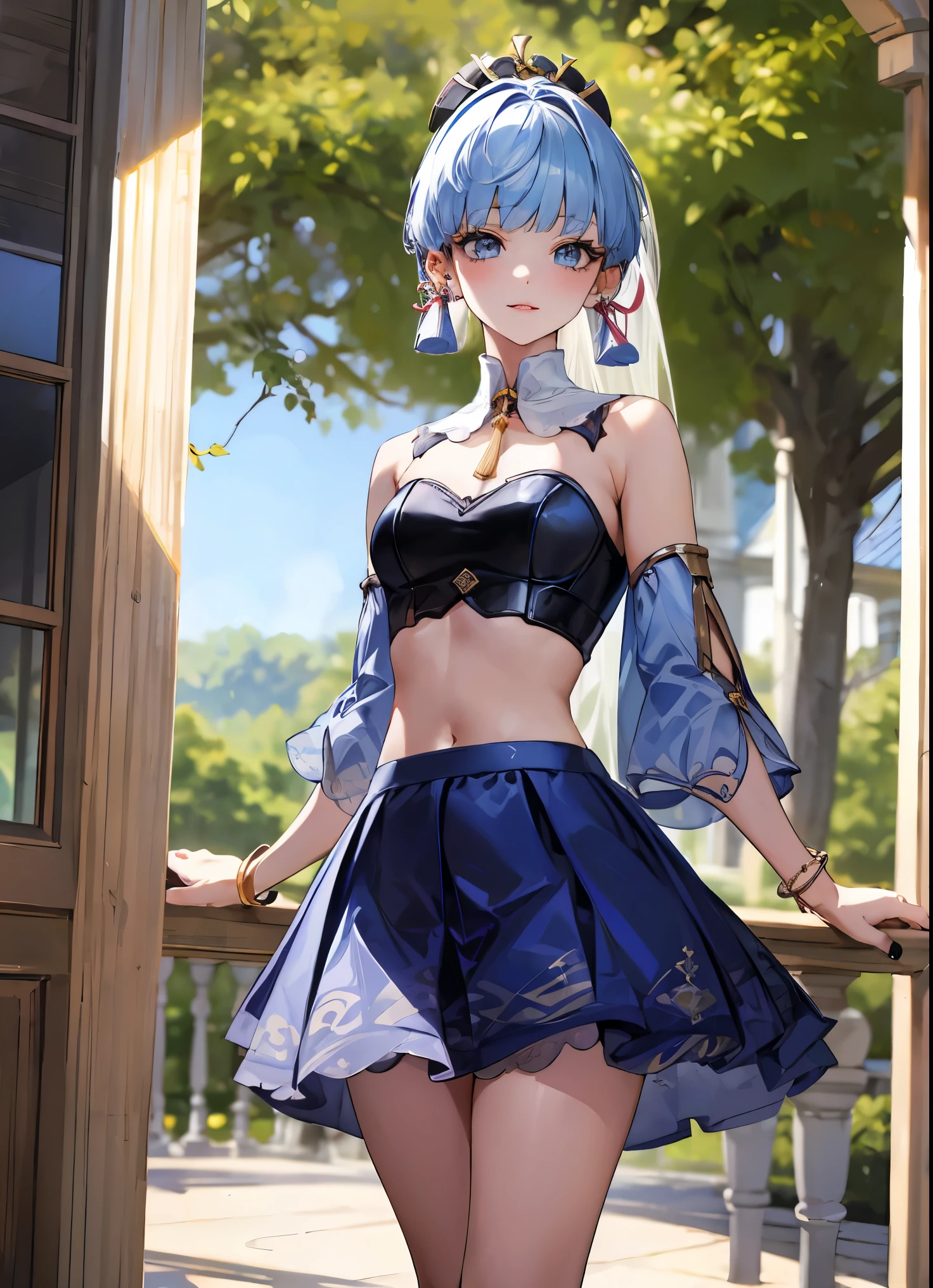 kamisato ayaka|genshin impact, master-piece, bestquality, 1girls,25 years old, proportional body, elongated legs, Beautiful, proportional,
BREAK (bangle, black nails, blue dress, bracelet, brooch, clothing cutout, detached sleeves, dress, earrings, feather hair ornament, feathers, jewelry, midriff:1.2),
BREAK standing in a large alcove in the room , standing in front of a window ,arms behind back,
BREAK ball gown, in the garden of trees, wedding decorations,
BREAK ((top quality, 8k, masterpiece: 1.3, ultra hd, high quality, best quality, high definition, realism)), sharp focus: 1.5, Beautiful woman with Slim body, (perfect hands, perfect anatomy),