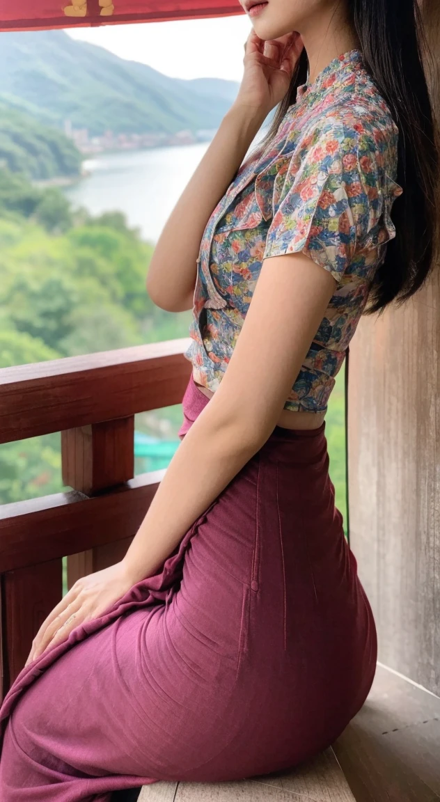 Half body portrait, 8k , plae skin asian ( korea+ Burmese)mixed girl, wearing red dress and diamond necklace and ,acmm ss outfit, wearing acmm top, light purple acmm top, short sleeves, buttons, wearing acmm long skirt, white and pink with printed acmm long skirt ; ((view from side)), ((emphasized ass)),wearing Burmese thanakha(Burmese make-up)