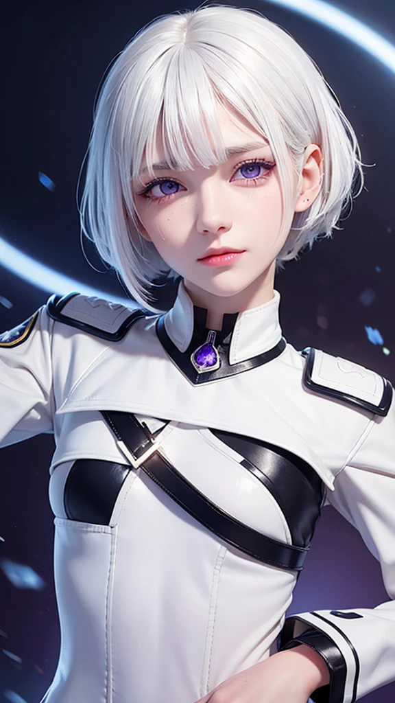 Beautiful girl, innocent, perfect face, white hair, white eyebrow, white eyelash, albino, short hair, detailed violet eyes, futuristic military uniform, crying on the rain