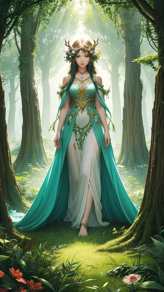 Create an illustration of a fantasy world where a forest spirit, depicted as a graceful woman, guards the ancient woods. She is surrounded by vibrant flora, mystical creatures, and a soft, enchanting light.