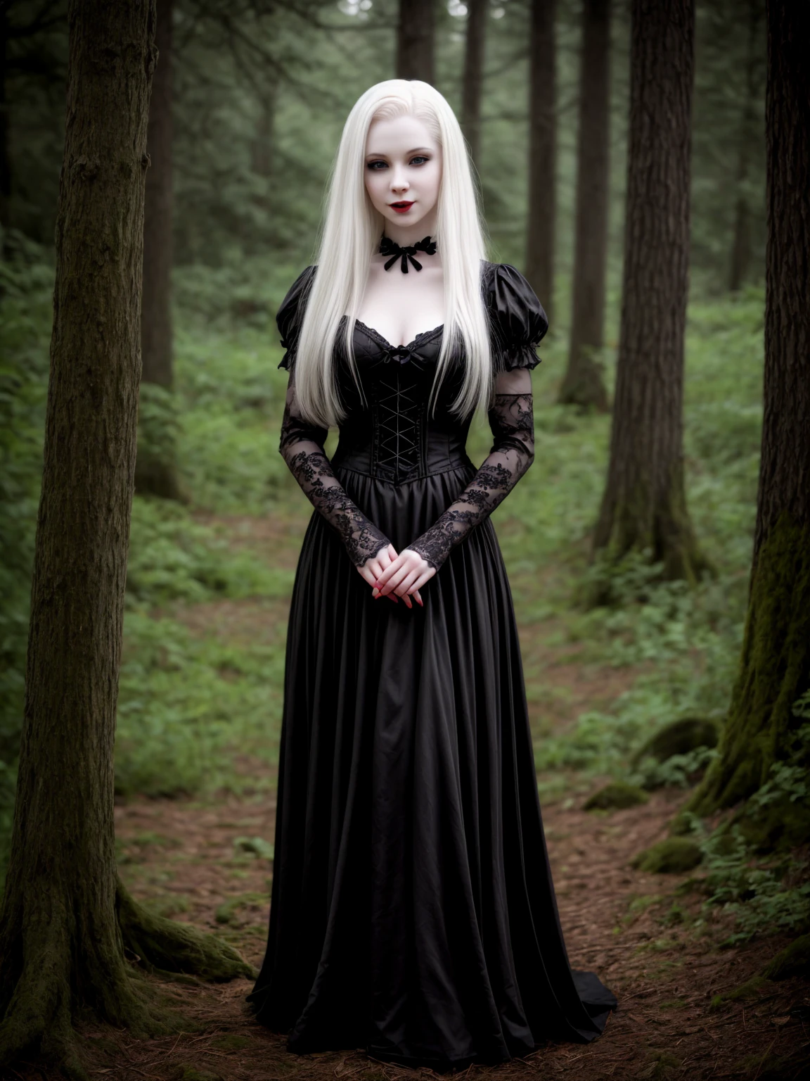 female vampire|albino, pale porcelain skin, vintage black dress, smile, shallow depth of field, grin|creepy, nightfall, detailed face, night, wide hips, narrow waist, portrait of woman standing, detailed eyes, portrait of woman standing, 8k RAW photo, highest quality, looking at the viewer, best shadow, intricate details, long hair, bright eyes, forest, grave, gothic, goth detailed, highres, high qualilty, high saturation