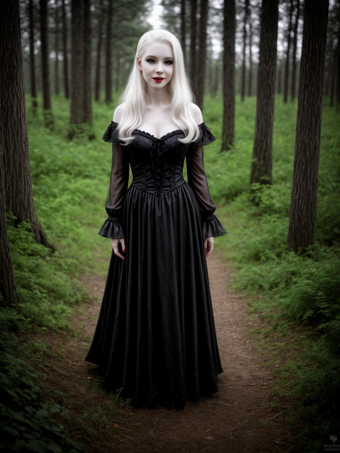female vampire|albino, pale porcelain skin, vintage black dress, smile, shallow depth of field, grin|creepy, nightfall, detailed face, night, wide hips, narrow waist, portrait of woman standing, detailed eyes, portrait of woman standing, 8k RAW photo, highest quality, looking at the viewer, best shadow, intricate details, long hair, bright eyes, forest, grave, gothic, goth detailed, highres, high qualilty, high saturation