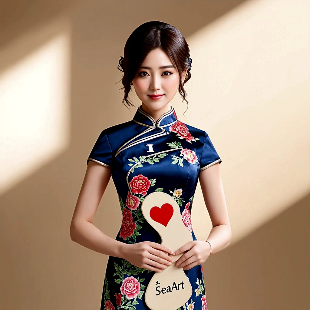 a beautiful detailed asian girl in a cheongsam dress, intricate floral patterns, elegant pose, holding a board on which "I love SeaArt" is written, serene expression, cinematic lighting, dramatic shadows, warm color palette, delicate fabric textures, ultra-detailed, 8k, high resolution, photorealistic, masterpiece