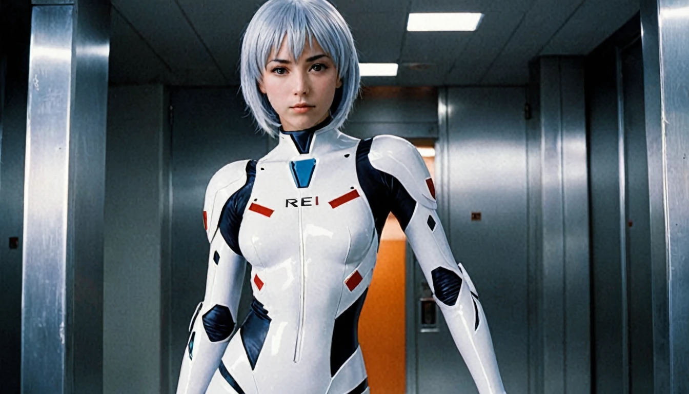 Rei Ayanami from Neon Genesis Evangelion, Beautiful Japanese Teenager, White suit, Real Girls, She&#39;s in a super futuristic military hangar, masterpiece, Super detailed, Realistic, Cinema Lighting 