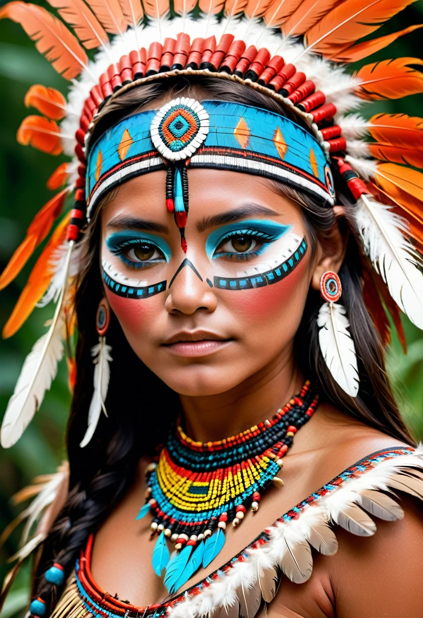 a close up of a  wearing a native american headdress, a photo colored by Robert Jacobsen, tumblr, Sumatraism, Amazonian Indian villages in Brazil, Beautiful costume, inka harpy girl, tribal style, native american, tribal face paint, Indigenous, beautiful young wind spirit, girl with feathers, tribal makeup, tribal face paints, Traditional beauty
