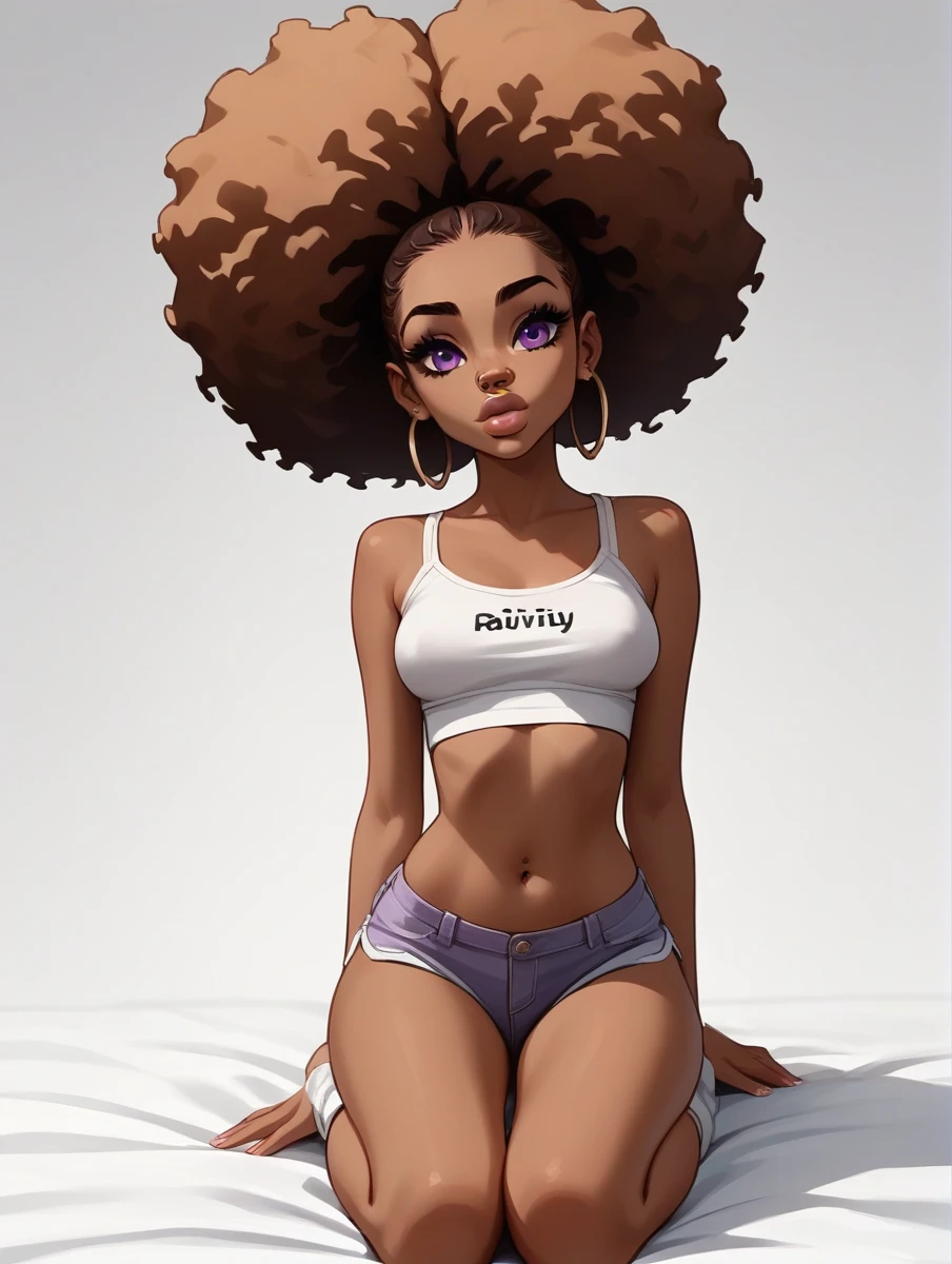 score_9,score_8_up,score_7_up,score_6_up,score_5_up,score_4_up, source_cartoon, source_anime,
1girl, solo, dark skinned girl, 24 year old girl, breasts, big lips. wide nose. wide nose bridge. big nostrils. thick lips. curly afro ponytail. purple eyes. natural lips, stylish, b00nd0cks, open belly, instagram baddie, full body view, sexy , cute
