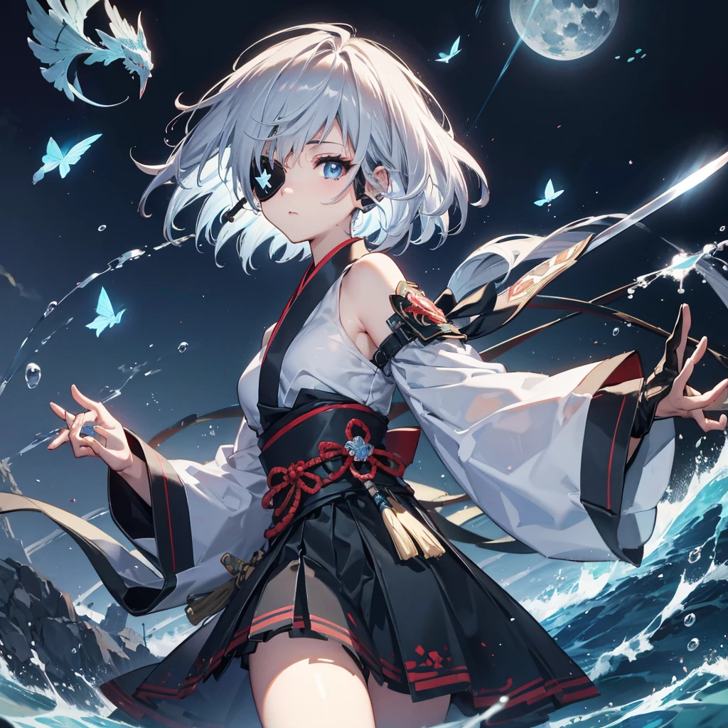 (((1 person Put on an eye patch Gray Hair Qinglong))) ((High resolution short hair Black kimono Shoulder Rin々Funny face knifeを胸の前で構える)) ((Black Band samurai Lonely despair blue eyes Close-up)) ((Blue Butterfly night Japanese style old Shining Aura garden water surface Catch the wind Distorted Space)) (dance 日本knife knife Slashing) 月night moonlight star Draw your sword Shining Background Shining Edge