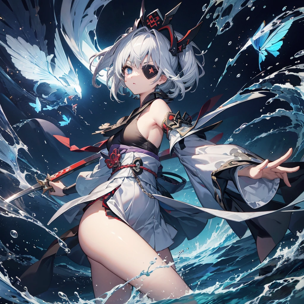 (((1 person Put on an eye patch Gray Hair Qinglong))) ((High resolution short hair Black kimono Shoulder Rin々Funny face knifeを胸の前で構える)) ((Black Band samurai Lonely despair blue eyes Close-up)) ((Blue Butterfly night Japanese style old Shining Aura garden water surface Catch the wind Distorted Space)) (dance 日本knife knife Slashing) 月night moonlight star Draw your sword Shining Background Shining Edge