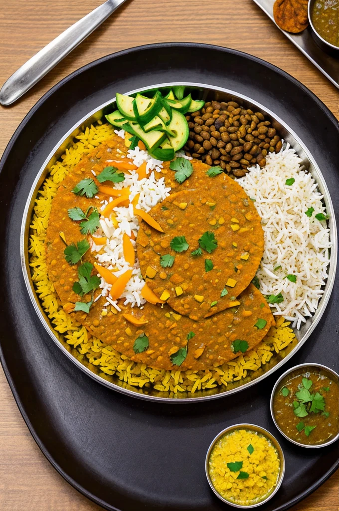 "Create an image of a traditional Indian thali featuring daal and chawal mixed together. The mixture is neatly placed on the plate, and six separate, bite-sized portions are also arranged around the thali, each showcasing the daal chawal mixture."