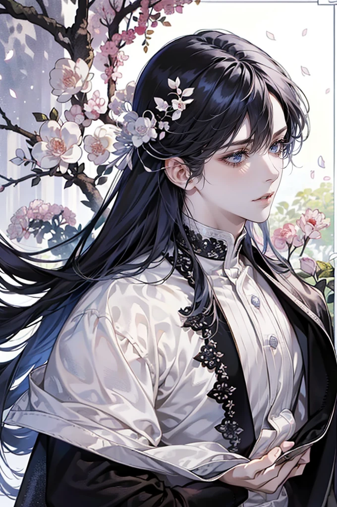 1boy, adult, solo, ((long pearl mother-of-pearl hair)), long disheveled hair, (the pupil of the eye is completely black, the white of the eye is black), pale skin, thorny vines entwine the hair, gentle delicate facial features, aristocrat's clothes, black cloak covers his head