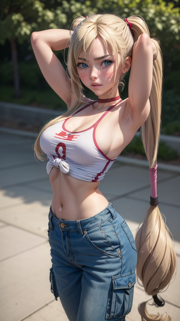 (best quality:1.1), (masterpiece:1.4), (absurdres:1.0), portrait, close-up,
1 girl, ekaterina kurae, twintails, (low-tied_long_hair:1.2), hair ends, very long hair, blonde hair, flat chest, blue eyes, t-shirt, cargo pants, looking at viewer, outdoors, (blush:1.2), mall, (crowd:0.75), armpits, arms up,