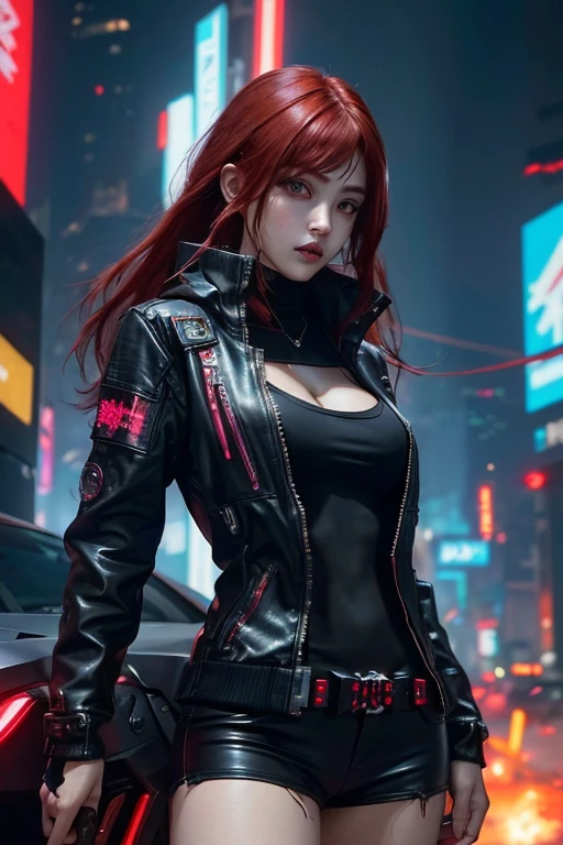 A girl with red hair and black clothes standing in a destroyed area、Cyberpunk Girl、female Cyberpunk Girl、Digital Cyberpunk、Cyberpunk art、digital Cyberpunk art、Cyberpunk Angry Gorgeous Goddess、Cyberpunk art、ハイパーリアルなCyberpunk Style、Cyberpunk artスタイル、Cyberpunk Girl、Cyberpunk Style、Modern cyberpunk、Cyberpunk style outfit
