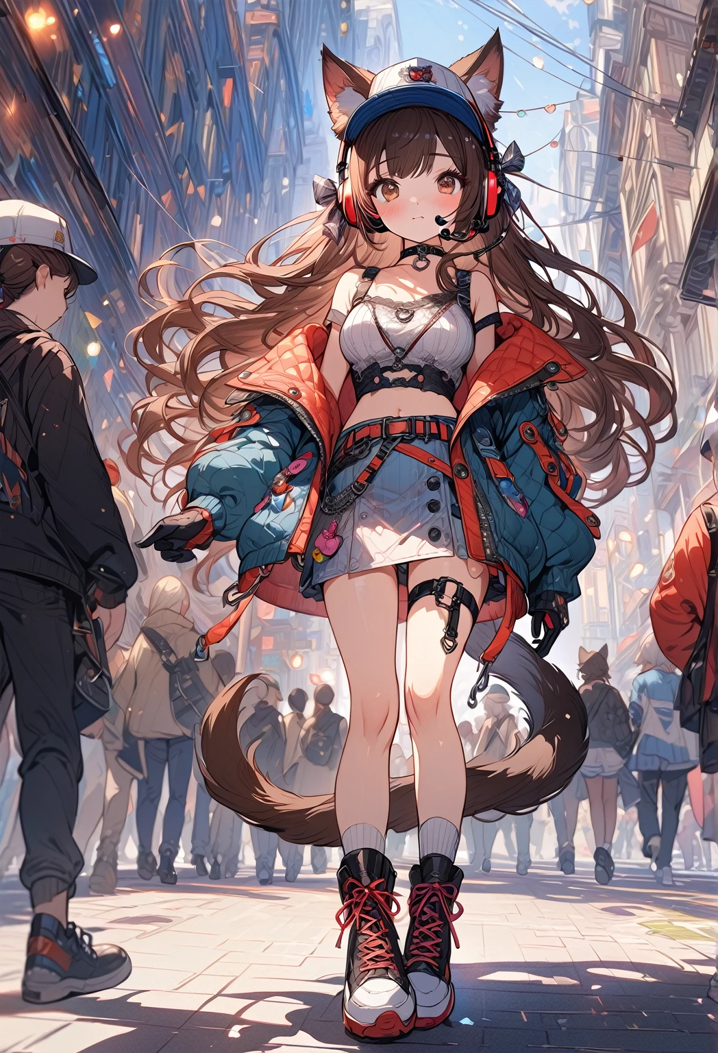 ((masterpiece:0), best quality, very aesthetic, newest, absurdres, detailed, high quality)
BREAK
highest quality, top quality, details, highres, ultra fine painting, digital art, official art, cinematic, 4k, 8k resolution, 8K CG wallpaper, CG, original artwork, detailed background, colorful background, blue atmosphere, High Dynamic Range, blurry background, blue hour, Starburst effects, crepuscular rays, good ISO, high resolution, wide shot, from far away, RAW photo, POV, sharp focus, light reflection, reflections, intricate details, soft light, particle noise, professional photography, bokeh, depth of field, natural lighting, vibrant colors, looking away, detailed lights and shadows, stylish, ultra-detailed, top rated on Pixiv, trending on Artstation, niji style, modern-days, master crafted, pose
BREAK
solo, 1girl, a girl, correct fingers, detailed hair, (medium big breasts:1.2), big thighs, short torso, short body, flushtered, blush, anxious expression, casual, slim, ((cute, childlike face):1.3), nice hips, nice body, brown hair, (long flowing hair:1.1), big 2 buns hairstyle, long bangs, long hair, middle hair bangs, brown eyes
BREAK
((colorful outfit), off shoulder crop top, short skirt, headphone, jacket, casual cap, belts, straps, choker, gloves, boots, stockings, garterbelt, accessories, outfit ornaments, sneakers, kemonomimi, 1 tail, correct tail, (full body:1.3))
BREAK
a close up of a person walking down a street with a crowd of people, crowded street, crowded streets, in front of a large crowd, giant crowd, girl walking through city, people walking down a street