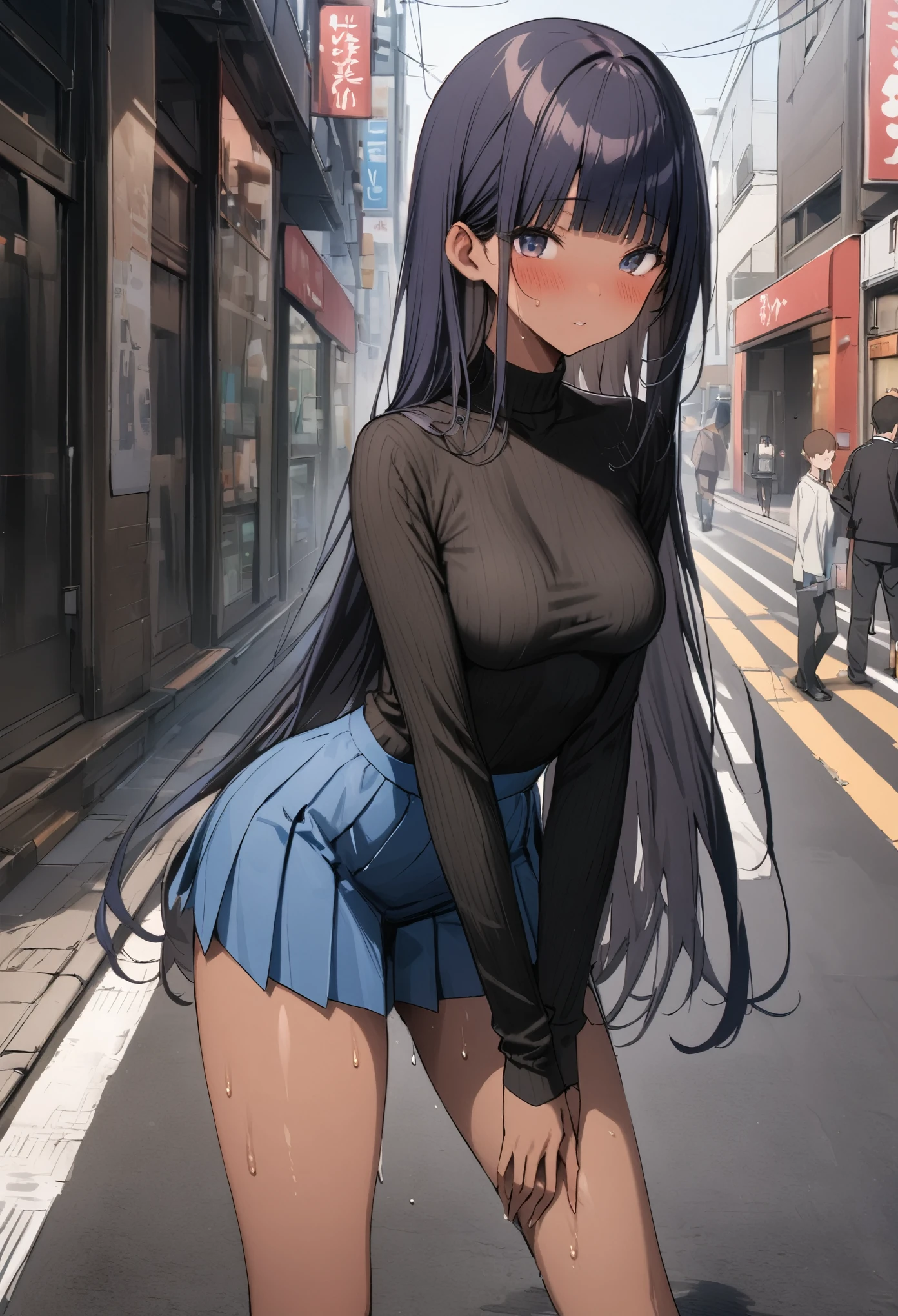 (((masterpiece, Highest quality:1.5,absurdres))),25 year old beauty,(dark blue hair),brown hair,((very small head:1.2)),long hair,bangs,dark blue eyes,gorgeous eyes,blush、medium breasts,((very long body:1.2)),((toned body,slender body)),skinny,(tan skin:1.2),gleaming skin,shiny skin,sweat,((Black turtleneck knitwear、Long sleeve、Blue pleated mini skirt),on street,Tokyo、
