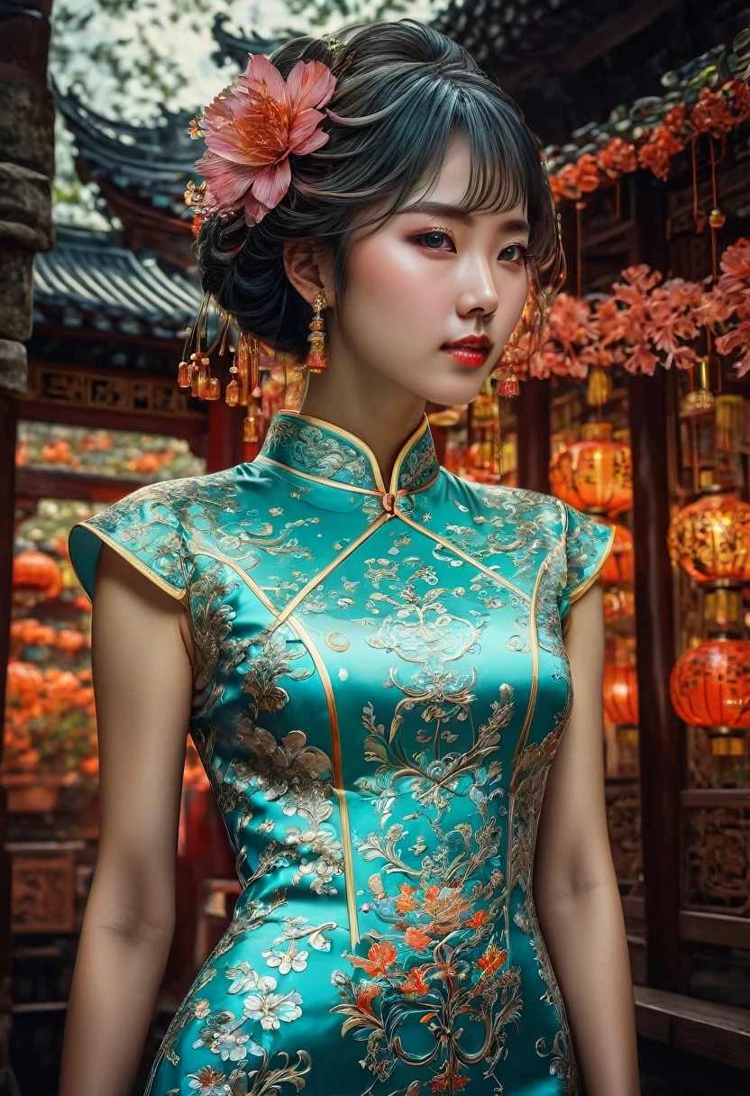 Cheongsam, by Otto Pilny, RAW photo, 35mm photograph, bokeh, best quality, masterpiece, very aesthetic, perfect composition, intricate details, ultra-detailed