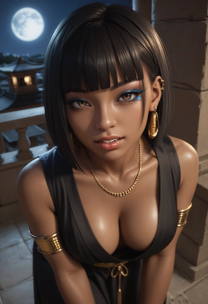 score_9, score_8_up, score_7_up, score_6_up, 1girl, solo, jewelry, rating: safe, brown_eyes, black_hair, lips, makeup, armlet, breasts, egyptian, egyptian_clothes, dark_skin, nose, earrings, gold, lipstick, cleavage, realistic, looking_at_viewer, medium_breasts, piercing, gyaru, blunt_bangs, bangs, bob_cut, long_fangs, (from_above:1.3), downblouse, dark, silk, black_robe, moonlight, temple, night, moon, (rape_face:1.3)