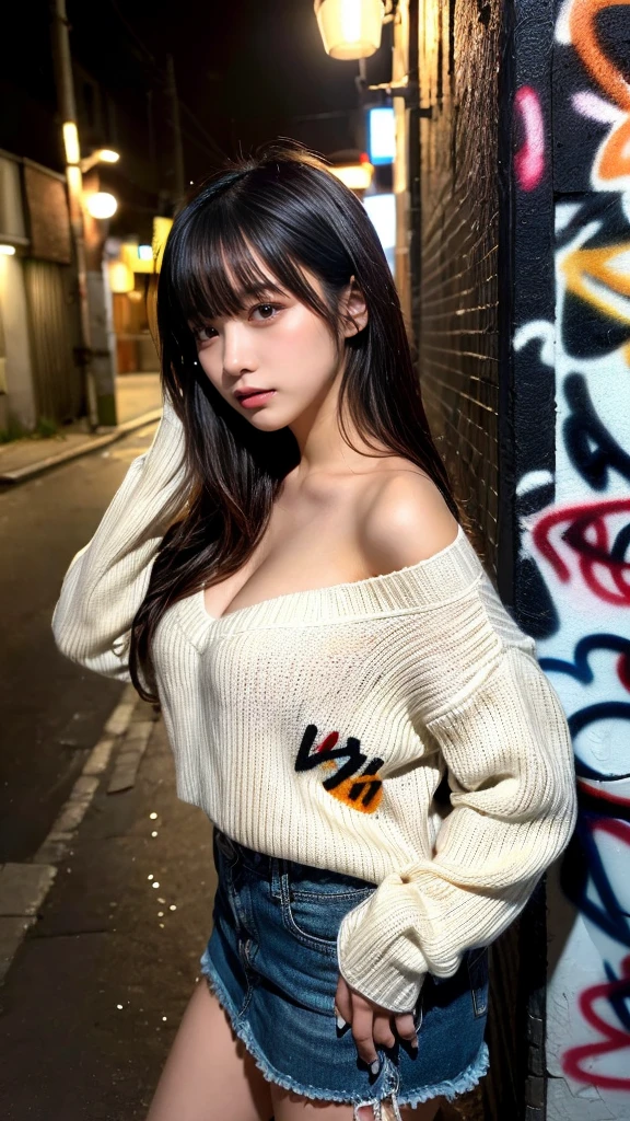 masterpiece, best quality, illustration, Super detailed, fine details, High resolution, 8K,wall paper, perfect dynamic composition,(Details High quality, realistic depiction of eyes:1.3), (Japanese teenage girl standing in a dirty back alley at night, hands on head, graffitied wall:1.1), ((white hand-knitted long sweater, v-neck sweater, oversized clothes)), black hair color, Big Natural Color Lip, seductive face, provocative look, crying a little、Harajuku style、(graffiti), night time, 20 year old girl、cute type、lolita, Gravure Idol, full body photo、focus on crotch, huge breasts, plump breasts