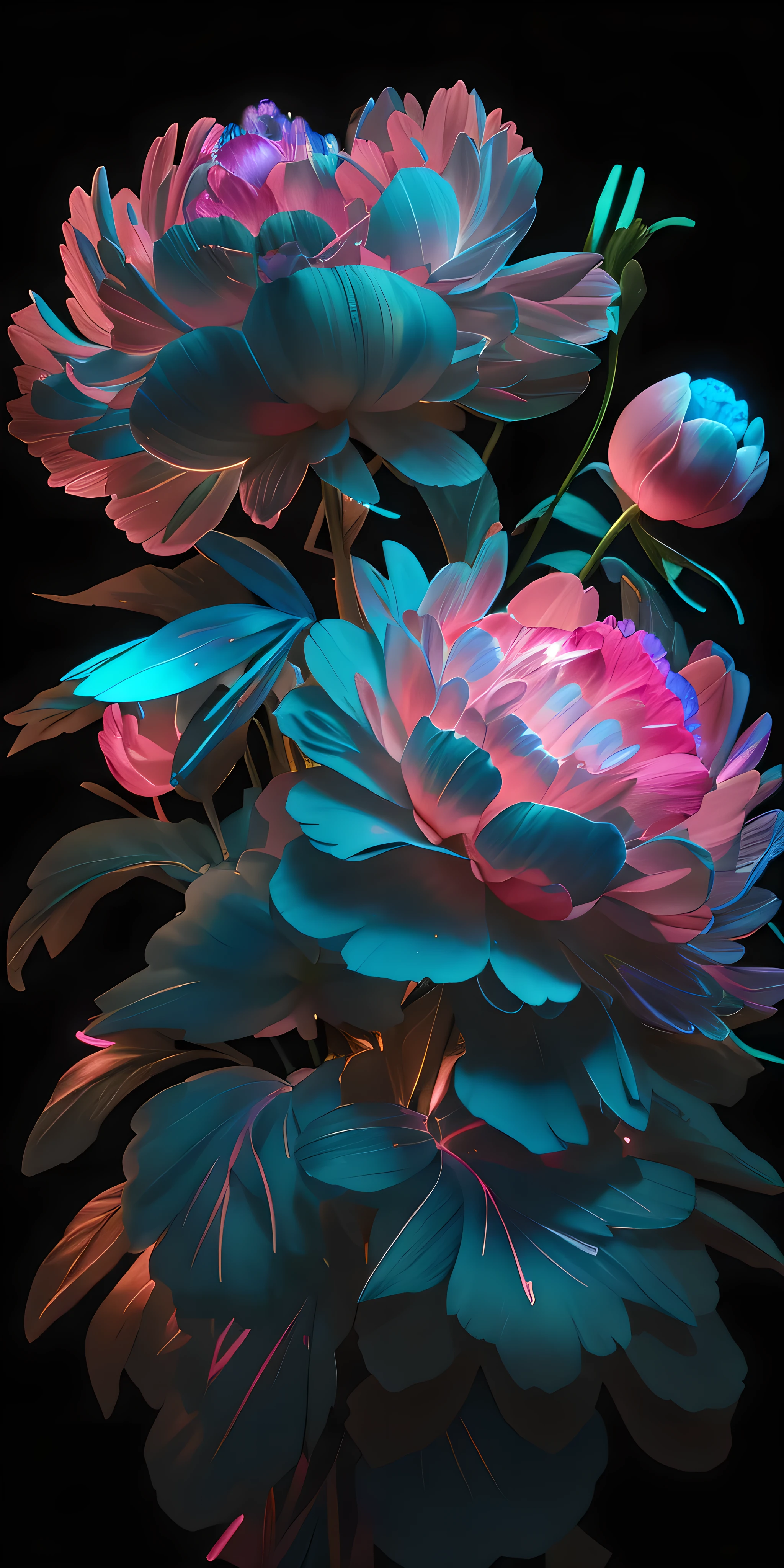there is a picture of a bouquet of flowers with blue and pink lights, neon flowers, glowing neon flowers, beautiful iphone wallpaper, glowing flowers, amoled wallpaper, magical colorful flowers, phone wallpaper hd, neon floral pattern, hd phone wallpaper, dark flower pattern wallpaper, surreal waiizi flowers, amazing wallpaper, iphone wallpaper, magical flowers, blue and pink colors