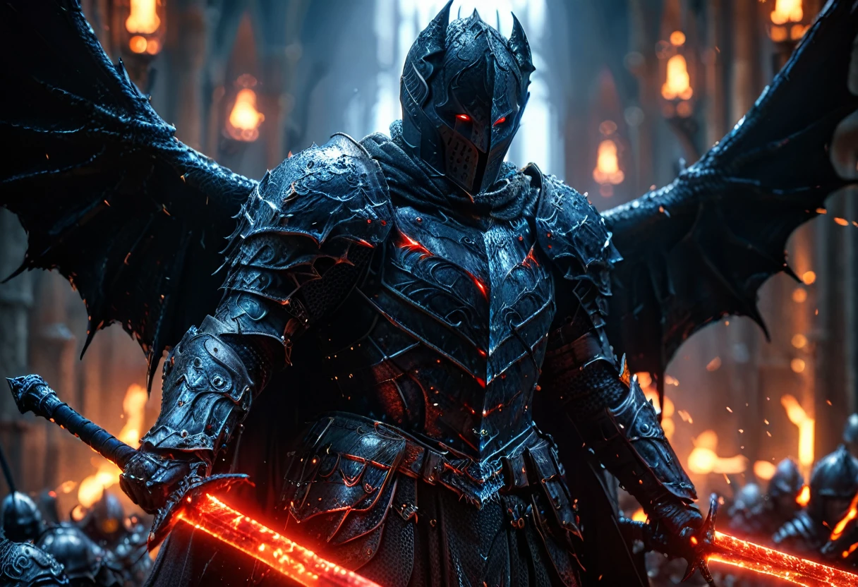 Close-up photos, Lighting epic shot action pose composition [professional::1][complex:1][Fantasy Art:1}- The Dark Knight known as the First Knight of Mordor, Devil Wings, Armed with two swords, Blue flashing sword, Detailed grim female warrior face, Lord of the Rings concept art, Long-distance shooting, Backlight