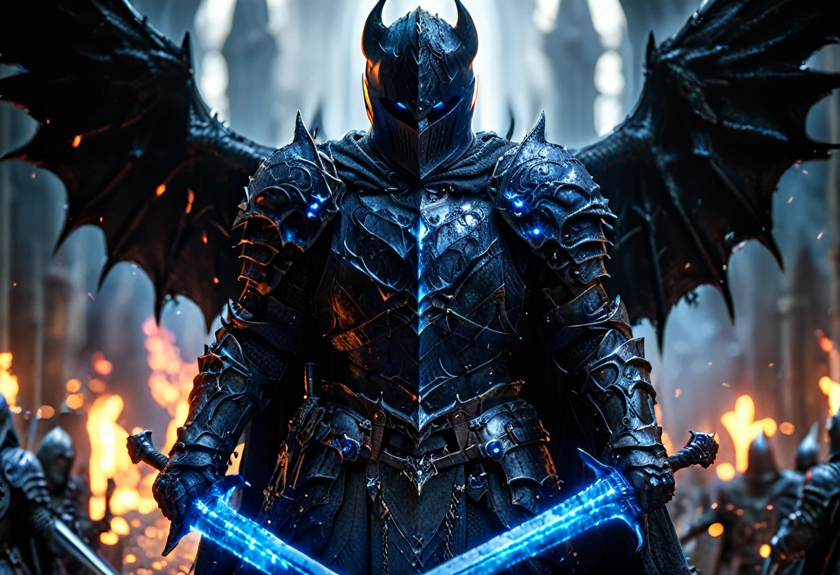 Close-up photos, Lighting epic shot action pose composition [professional::1][complex:1][Fantasy Art:1}- The Dark Knight known as the First Knight of Mordor, Devil Wings, Armed with two swords, Blue flashing sword, Detailed grim female warrior face, Lord of the Rings concept art, Long-distance shooting, Backlight
