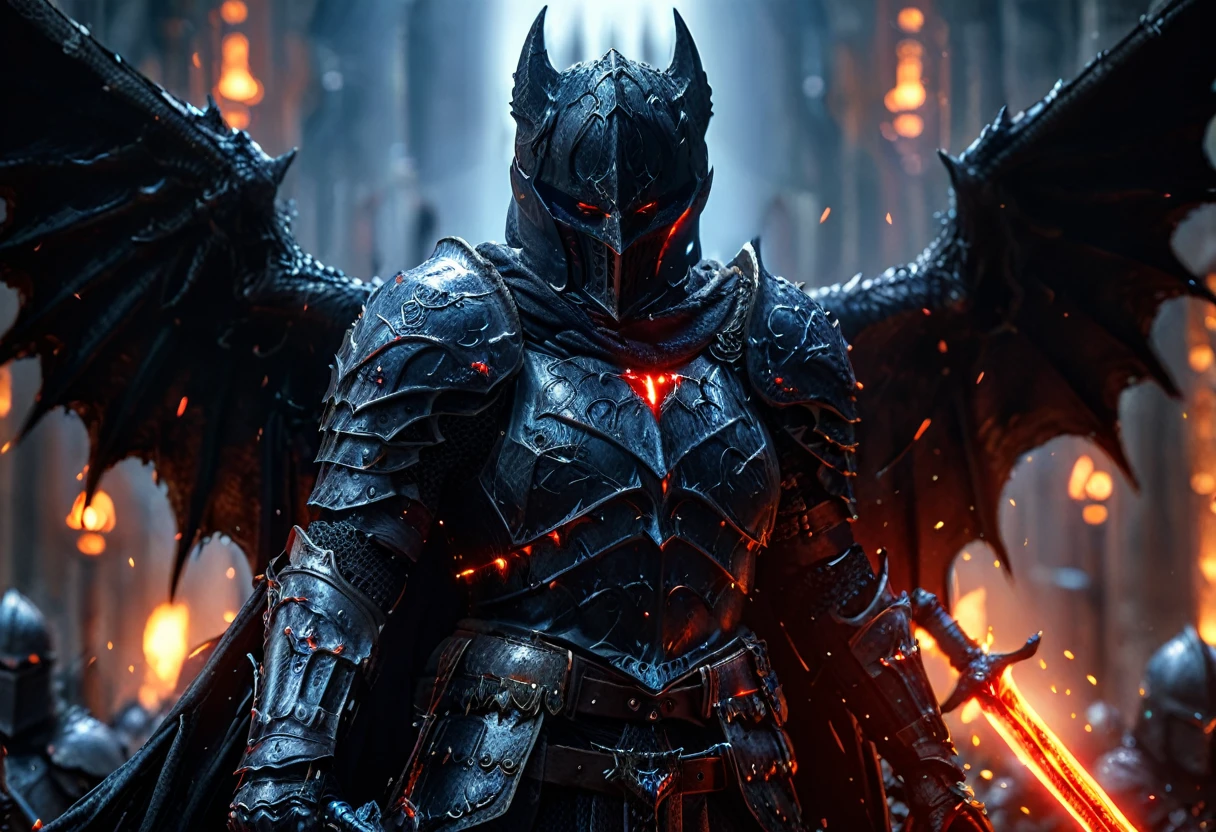 Close-up photos, Lighting epic shot action pose composition [professional::1][complex:1][Fantasy Art:1}- The Dark Knight known as the First Knight of Mordor, Devil Wings, Armed with two swords, Blue flashing sword, Detailed grim female warrior face, Lord of the Rings concept art, Long-distance shooting, Backlight