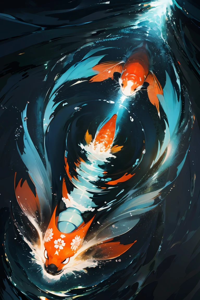 Tattoo design, Japanese Traditional tattoo design, 2 Japanese koi swimming upstream with water splash effect, (Unity 16K Wallpaper, masterpiece, Best Quality, high quality, Ultra-detailed, extremely details CG, Caustics, Cinematic lighting, Detailed, Ultra High Resolution, Photography, high resolution)