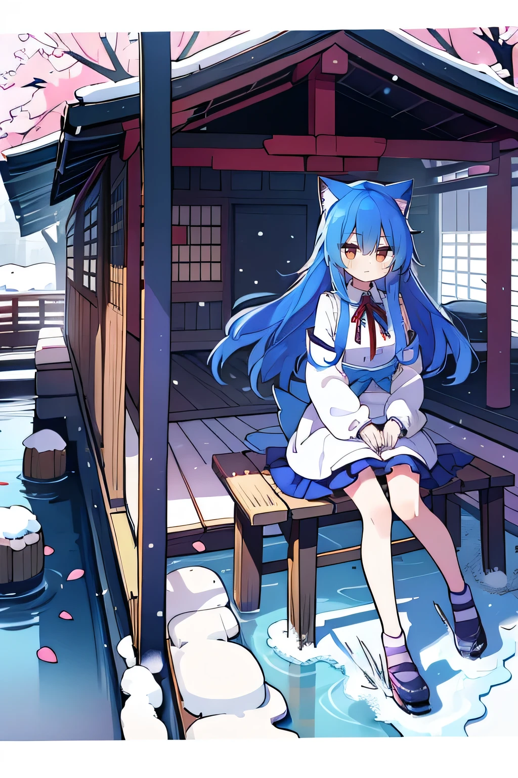 （masterpiece：1.2），Super detailed，lifelike，Expressive eyes，fair skin，perfect face shape，1 girl，
Japanese comics,Gorgeous blue hair,flowing blue hair,flowing clothes,Cat ears,Petals fall,beautiful lola,Baby Angel,
Cross your legs，Gentle and peaceful background，The pavilion is cool and comfortable,smile, wearing hoodie, background of tokyo,back views,snowing, winter.
